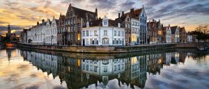 Buildings along a waterway in Bruges, Belgium